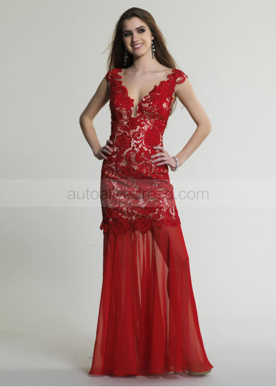 A-line V Neckline Red Lace Prom Dress